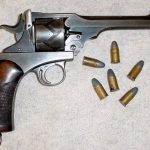 Webley Fosbery Automatic Revolver. Calibre .455 (cordite). These early models saw some limited service in the Anglo- Boer War, since they were not available until the war was nearly over. This piece was carried by a K.O.S.B. major.