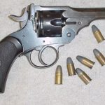 Webley, Mark II, Service Revolver, Calibre .455/.45ACP. The original pieces were also still in use during the Anglo-Boer War. This piece has been converted to fire .45ACP cartridges with half-moon clips. This conversion was done in recent times.